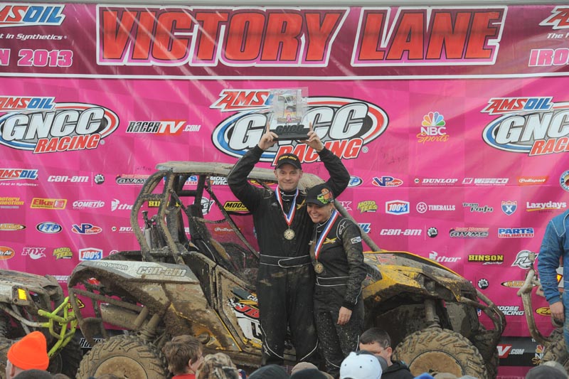 Can-Am Maverick racer Tim Farr has spent plenty of time on off-road racing podiums in his illustrious career, but winning the 2013 AMSOIL Ironman GNCC was the first time his wife and co-pilot Julie stood with him.